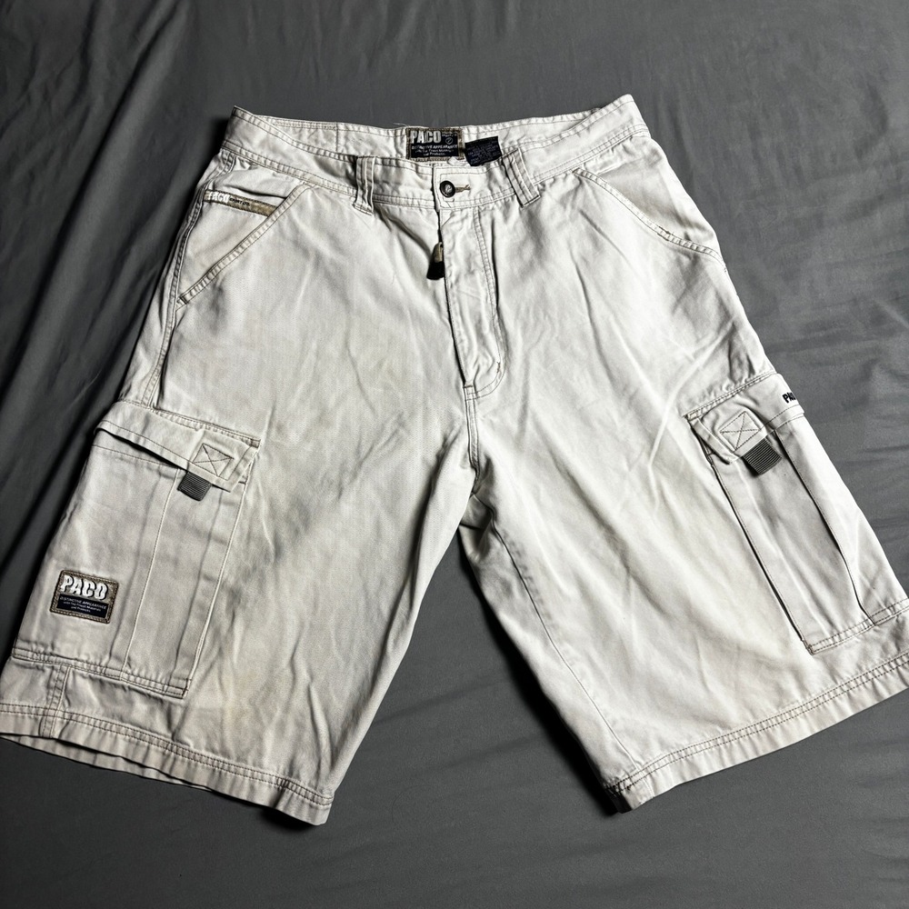 Paco Sport Ltd Mens Y2K Cargo Shorts Tan Cotton Twill Size 36 Streetwear Utility